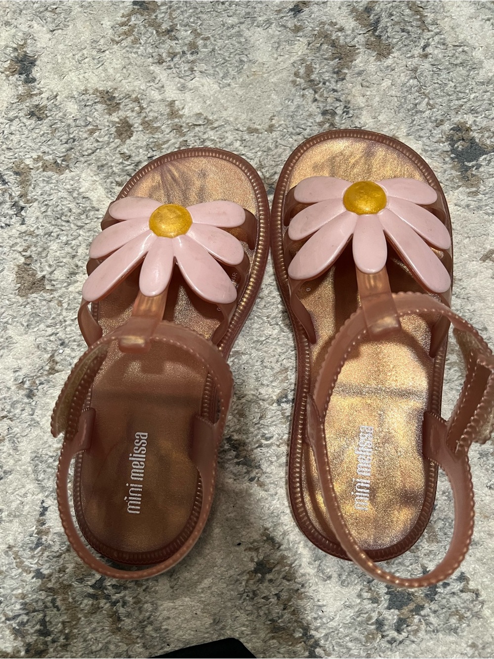 Mini Melissa Copper Jelly Sandals with Pink Daisy and Gold Center; girls 1
